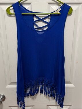 Cobalt Sleeveless Tank with Fringe and Crisscross Back